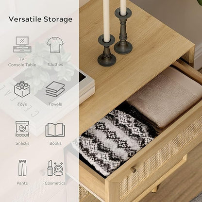 Rattan 6 Drawer Dresser, Modern Closet Dressers of Drawers with Natural Rattan, Boho Dresser Chest, TV Stand of Drawers, Wood Storage Drawer Organizer for Bedroom Living Room Entryway Hallway