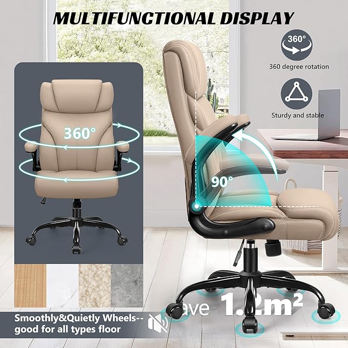 Office Chair, Ergonomic Big and Tall Computer Desk Chairs, Executive Breathable Leather Chair with Adjustable High Back Flip-up Armrests, Lumbar Support Swivel PC Chairs with Rocking Function