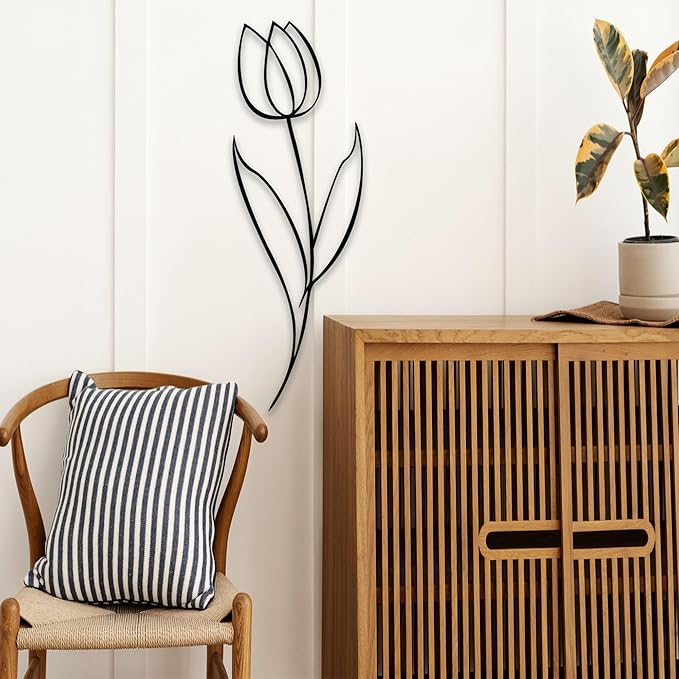 Minimalist Floral Metal Wall Art, Modern Tulip Design for Home Decor, Metal Flower Wall Sculpture for Living Room, Bedroom, or Office (24x8 inches)