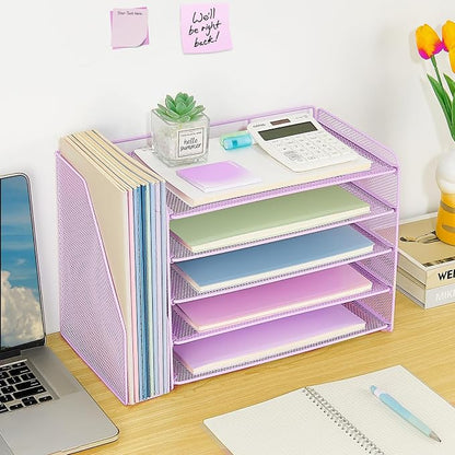OPNICE Desk Organizer, 5-Tier Paper Organizer Letter Tray with Magazine Holder, Office Desk Accessories & Workspace Organizers, Desktop File Organizer for Office Supplies Storage, Purple