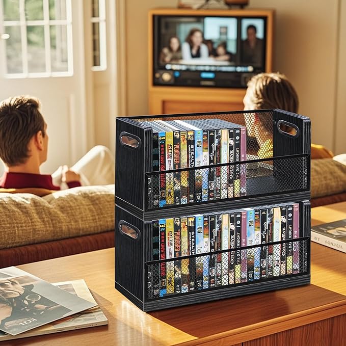 DVD Storage Box, 2 Pack Holds 56 DVDs (28 Each), Stackable Wood & Metal Organizer with Magnetic Opening Door for Blu ray, CDs, Video Game Cases, VHS Tapes