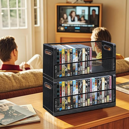 DVD Storage Box, 2 Pack Holds 56 DVDs (28 Each), Stackable Wood & Metal Organizer with Magnetic Opening Door for Blu ray, CDs, Video Game Cases, VHS Tapes