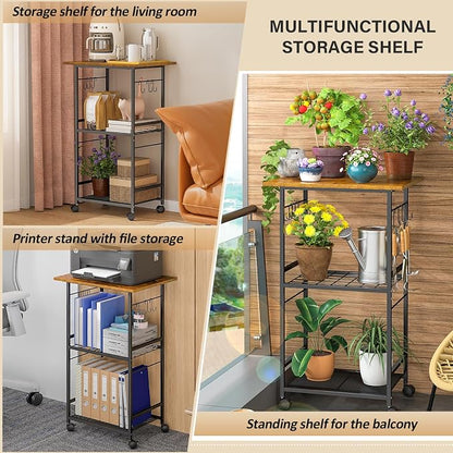 ThreeHio Rolling Kitchen Microwave Cart, 3 Tier Microwave Table Stand with Adjustable Shelf, Kitchen Storage Rack on Wheels, Coffee Station Cart Rack Shelf Organizer for Living Room Office, Balcony