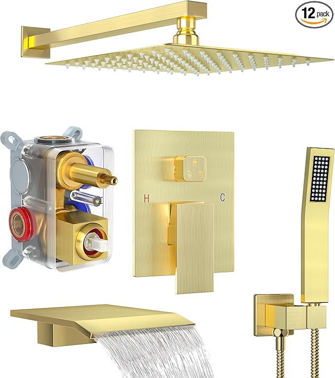 Brushed Gold Shower System with 10-Inch Rain Showerhead and Tub Spout | cUPC-certified pressure balance brass valve to prevent scalding, CEC-certified air injection technology for low pressure