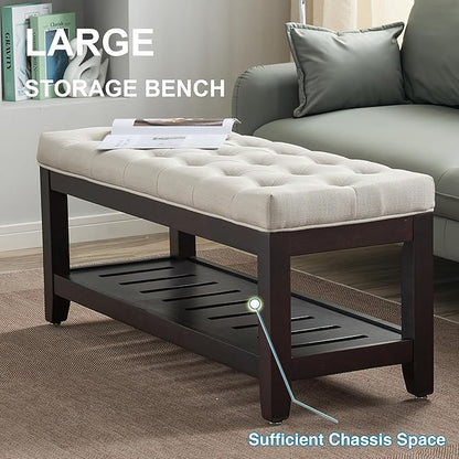 44" Ottoman Bench, Upholstered End of Bed Bench, Oversized Footrest with Wood Shelf torage Storage Bench for Bedroom, Entryway, Living Room, White