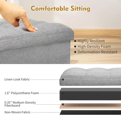 BelugaHelper Storage Ottoman Foot Rest, Folding Linen Foot Stool with Thicker Foam Padded Seat. Small Ottoman with Storage Bench for Bedroom Living Room, Holds Up to 300 lbs, 17x13x13IN (Light Gray)