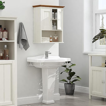 Treocho Wood Wall Cabinet, Bathroom Medicine Cabinet Storage with Doors and Adjustable Shelf, Rustic Cabinet Wall Mounted for Bathroom, Living Room, Kitchen, White & Brown