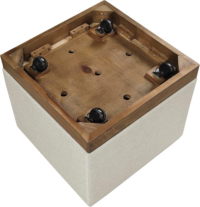 Lexicon 44" Square Coffee Table with 4 Upholstered Stools, Maple Veneer Wood Cocktail Table, Gray Upholstered Stools with Casters, Modern Living Room/Apartment Centerpiece, Full Assembled, Brown