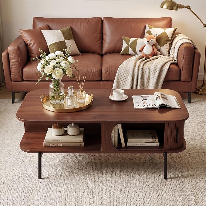 VECELO Coffee Table,40" Mid Century Coffee Tables with Open Storage Shelf,Fluted Table with Sliding Tambour Door,Farmhouse Wooden Tables Center Table for Living Room,Home Office,Walnut Brown