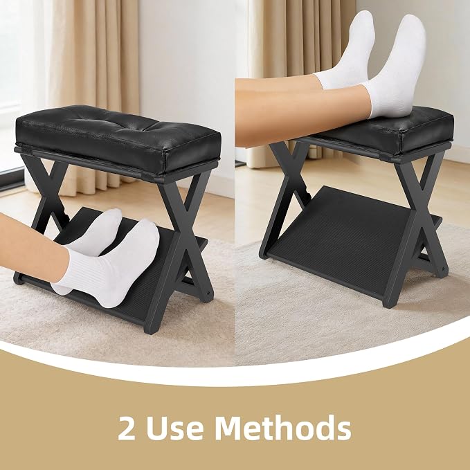Adjustable Height Foot Rest Under Desk at Work, Double Step Wooden Under Desk Footrest, Non-Slip EVA Surface, Office Foot Stool for Posture Support, Leg Relief, Home Office & Gaming-Black
