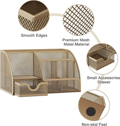 EasyPAG Mesh Desk Organizer with Drawer Multi-functional Pen Holder Stationery Organizer for Office School Supplies 6 Compartments Dorm Organizers and Storage for Desk, Gold