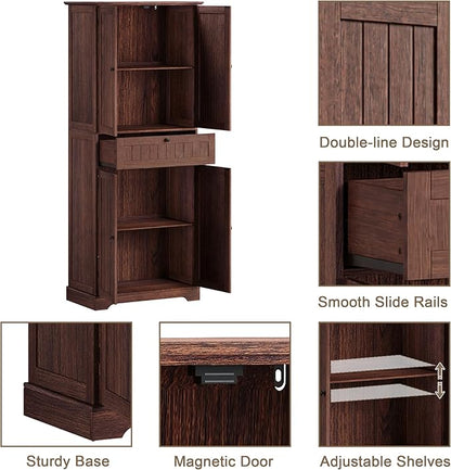 ChooChoo 51" H Tall Bathroom Floor Cabinet, Modern Bathroom Storage Cabinet with Drawer and Adjustable Shelves, Freestanding Kitchen Pantry Cupboard with 4 Doors for Living Room, Walnut