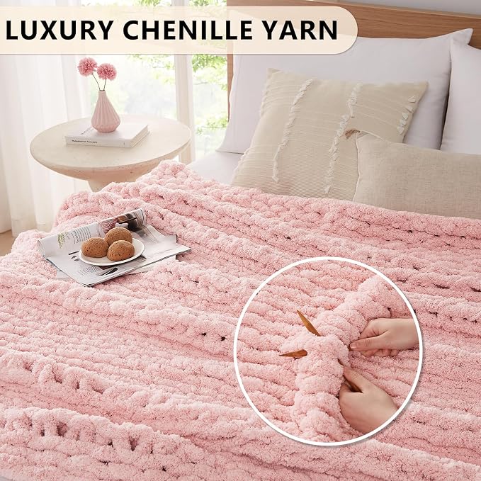 L'AGRATY Chunky Knit Blanket Throw: 72''x84'' Chenille Chunky Knitted Throw Blankets for Bed Couch - Handmade Thick Big Cable Knit Blanket - Large Crochet Rope Blankets for Home Decor(Pink)