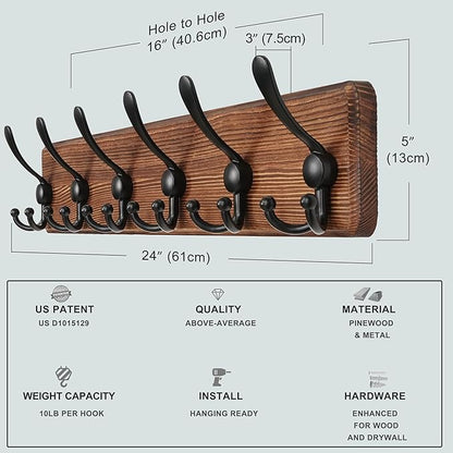 Dseap Coat Rack Wall Mounted - 24" Long 6 Tri Hooks, Heavy Duty Wooden Wall Coat Hanger Coat Hook for Clothes Hat Jacket Clothing, Natural and Black