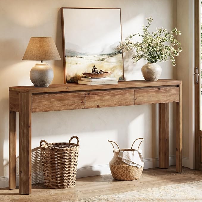 Solid Wood Console Table with 3 Drawers, 63-Inch Farmhouse Entryway Table with Rounded Corners, Long Sofa Table Behind Couch, Accent Table for Entrance, Hallway, Living Room, Rustic Brown
