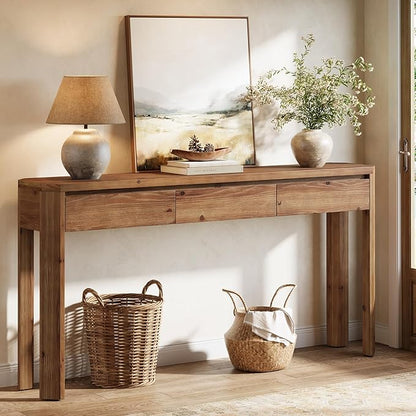 Solid Wood Console Table with 3 Drawers, 63-Inch Farmhouse Entryway Table with Rounded Corners, Long Sofa Table Behind Couch, Accent Table for Entrance, Hallway, Living Room, Rustic Brown