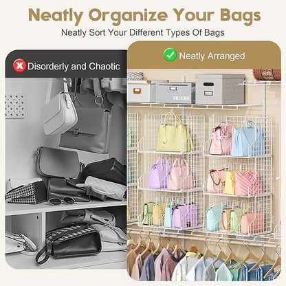 Sonyabecca Purse Storage Organizer for Closet : Adjustable 3-Pack Dividers Handbag Organizer - Stackable Wire Handbags Storage Baskets -Open Cabinets Wallets Tote Chain Bags Clutches -White