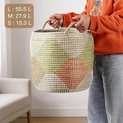 Laundry Basket, 3 Pack Seagrass Baskets, Handwoven Woven Laundry Hamper with Handles, 56L, 28L, 15L for Decor Storage of Dirty Clothes,Toys and Blankets in Bathroom, Nursery, Living Room