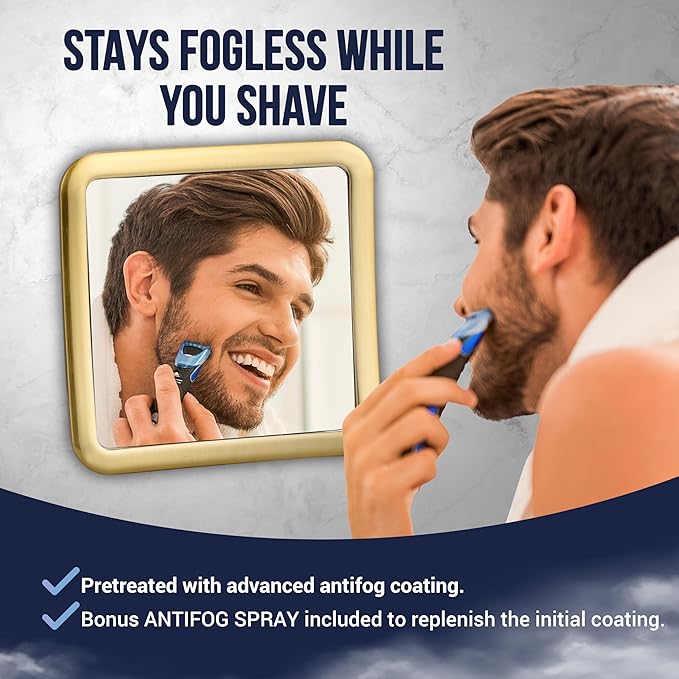 MIRRORVANA Fogless Shower Mirror for Shaving with Improved Suction and 360° Swivel - Unbreakable Fog Free Mirror for Men and Women - 6.3" x 6.3" (Gold)