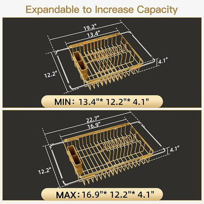 JASIWAY Gold Expandable Stainless Steel Dish Drying Rack Over The Sink for Small Kitchen, Counter Space Saving Compact Plate Drainer Strainer, Adjustable Hanging Metal Dish Dryer with Utensil Holder
