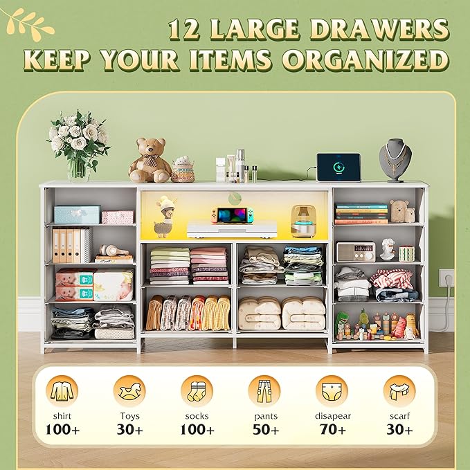 WLIVE White Dresser for Bedroom, Dresser TV Stand for 65, 70, 75 inch TV with Led Lights & Charging Station, Fabric Chest of Drawers with Open Shelves, 12 Drawer Dressers for Closet, Living Room