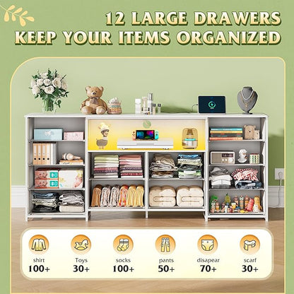 WLIVE White Dresser for Bedroom, Dresser TV Stand for 65, 70, 75 inch TV with Led Lights & Charging Station, Fabric Chest of Drawers with Open Shelves, 12 Drawer Dressers for Closet, Living Room