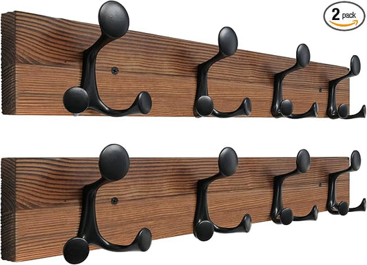 SKOLOO 24-Inch Wood Coat Rack Wall Mount with 4 Triple Hooks - Ideal for Family Entrances, Classrooms, and Pet Supplies Storage - Perfect Coat Hooks for Wall,Charred Golden Brown, Pack of 2