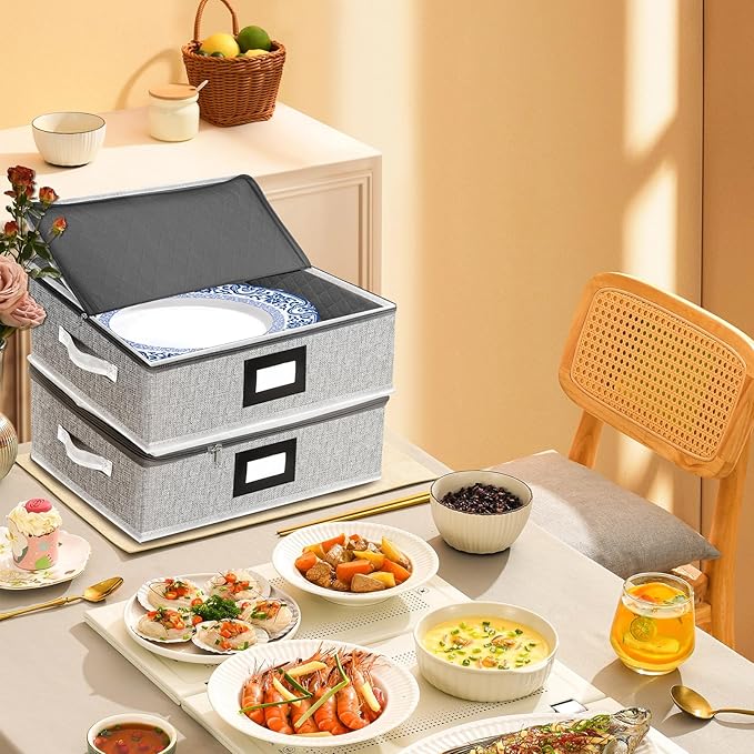 homyfort Platter Storage Case Box, China Storage Containers Hard Shell, 5 Felt Dividers Included, Structured Top and Stackable Platter Storage Containers (Grey)