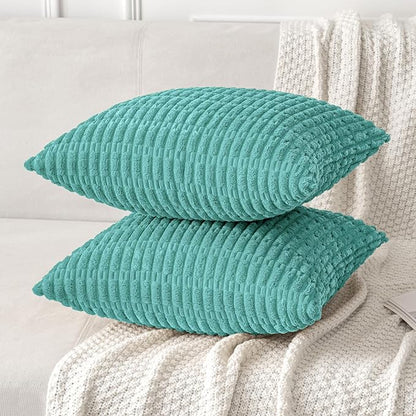 MIULEE Pack of 2 Corduroy Decorative Throw Pillow Covers 18x18 Inch Soft Boho Striped Pillow Covers Modern Farmhouse Home Decor for Summer Sofa Living Room Couch Bed Aqua Green