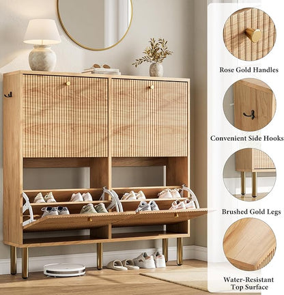 Nicetree Shoe Storage Cabinet for Entryway - 4 Flip Drawers Shoe Cabinet with Tiered Fluted Design - Slim Shoe Storage Rack with Gold Legs - Narrow Shoe Cabinet Hidden Shoe Organizer for Small Spaces