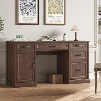 CARPETNAL 58'' Farmhouse Executive Desk with Drawers, Home Office Desk with File Drawer and Storage Cabinet, Rustic Computer Desk for Working, Studying, Writing, Brown