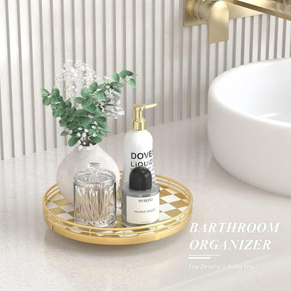 Gold Decorative Vanity Tray, 10 Inch Rotating Lazy Susan Perfume Tray with Metal Rail, Checkerboard Wood Organizer for Bathroom Counter, Dresser, Skincare, Jewelry and Makeup Display