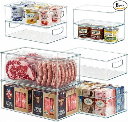 Heyuzb 8 PACK Freezer Organizer Bins Fridge Organizers and Storage Stackable Refrigerator Organizers Bins with Side Handles Clear Storage Bins for Pantry, Under Sink, Kitchen Cabinet
