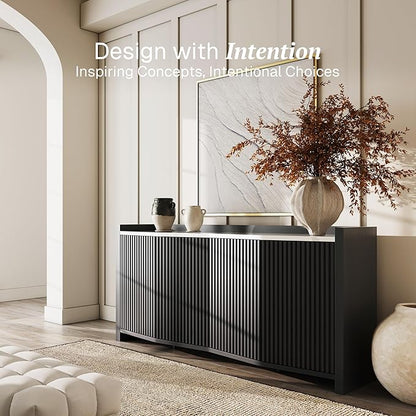 BELLEZE Set of 2 Sideboard Buffet Cabinet, 132'' Modern Credenza with Storage Adjustable Shelf, Fluted Console Table with Faux Marble Panel for Kitchen, Dining Room, Entryway - Ebony