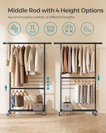SONGMICS Heavy-Duty Clothes Rack, Double-Rod Clothing Rack for Hanging Clothes, Industrial Garment Rack on Wheels, Adjustable Metal Frame, 2 Casters with Brakes, Commercial Display, Black UHSR62BK