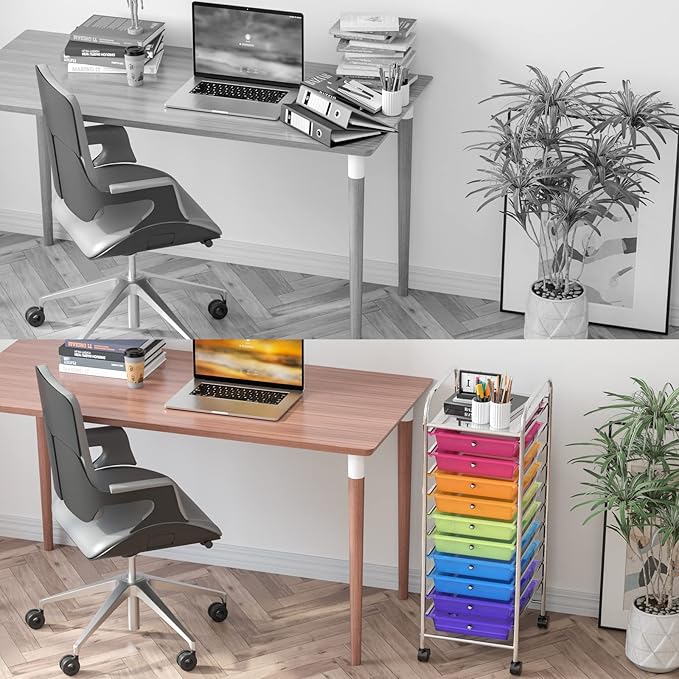 OFFICEJOY Storage Cart, Rolling Utility Cart with 10 Drawers, Portable Handles & Lockable Wheels, Mobile Paper Toys Storage Organizer Large Capacity for Home Office School Teacher (Rainbow)