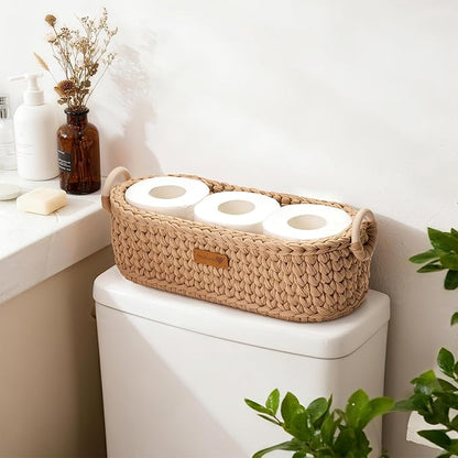 Handwoven Toilet Paper Storage Basket with Wooden Base & Handles - Boho Modern Decor Organizer for Bathroom, Bedroom, Nursery Shelf (Brown)