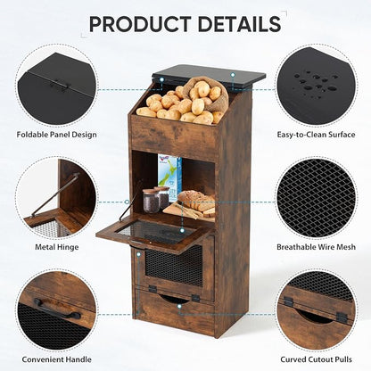 Verano Garden Potato Storage Bin, Wood Bread Box with Lid, Farmhouse Potato and Onion Storage Bin with Mesh Doors, Fruit and Vegetable Storage Rack with Removable Drawer (Rustic Brown, 16.0")