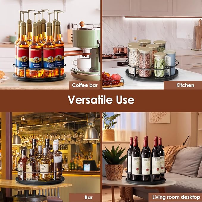 Nuovoware 9 Bottles Rotating Coffee Syrup Rack, Syrup Rack Organizer Carbon Steel Frame with Wooden Base Bottle Holder for Coffee Flavored Syrups Table Top Thermos Liquor, Black+Black