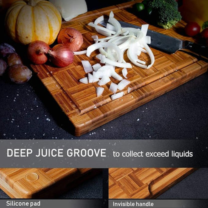 Kikcoin Extra Large Bamboo Cutting Boards, (Set of 3) Chopping Boards with Juice Groove Bamboo Wood Cutting Board Set Butcher Block for Kitchen, End Grain Serving Tray (Pack of 2)
