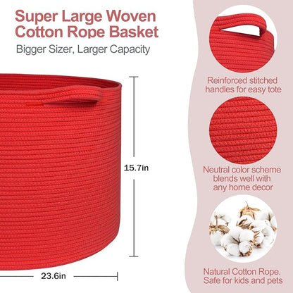MEGASKET 115L Extra Large Red Basket for Organizing, 23.6"x15.7" Jumbo Woven Cotton Rope Bins for Blankets, Baby Nursery Laundry Basket, Kids Dog Toy Storage Box, Huge Red Living Room Decor Organizer