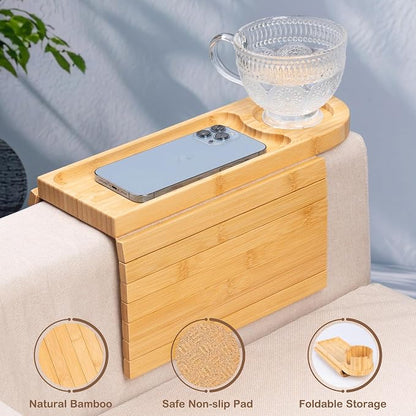 Couch Cup Holder Tray for Armrests Over 4.9" Wide, Bamboo Couch Arm Tray with 360° Rotating Phone Stand, 3 in 1 Foldable Sofa Arm Tray Table for Remote, Snacks, Phone, Drinks Natural