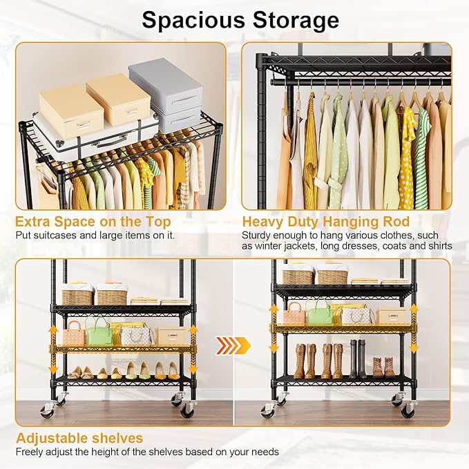P9 Rolling Clothes Rack Heavy Duty, Clothing Racks for Hanging Clothes, 4 Tiers Garment Rack with Wheels, Metal Portable Closet Rack, 35.5" L X 15.8" W X 80.5" H, Max Load 445 LBS, Black