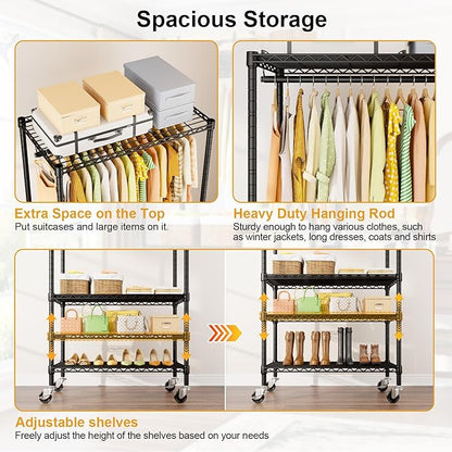 P9 Rolling Clothes Rack Heavy Duty, Clothing Racks for Hanging Clothes, 4 Tiers Garment Rack with Wheels, Metal Portable Closet Rack, 35.5" L X 15.8" W X 80.5" H, Max Load 445 LBS, Black