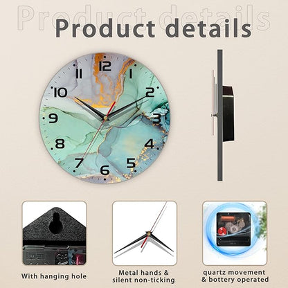 Watercolor Abstract Painting Marble Wall Clock Vintage Wooden Wall Clock Silent Non-Ticking Battery Operated Arabic Numerals Wall Clocks Decorative for Kitchen, Office, Classroom 10 Inch