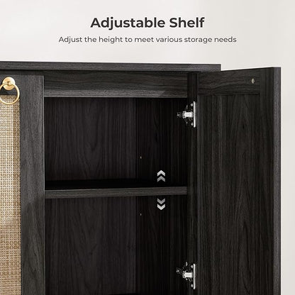 SICOTAS Rattan Sideboard Buffet Cabinet with Open Storage - Large Storage Cabinet with 4-Doors and Adjustable Shelves, Boho Credenza Coffee Bar Cabinets Buffet Table Console Table (2, Obsidian)