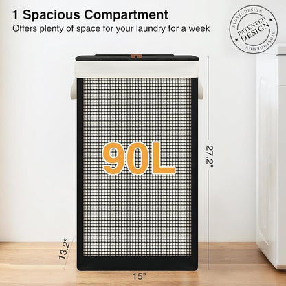 STO STO Laundry Hamper with Lid, 90L Large 1 Section Laundry Sorter, Laundry Basket with Removable Washable Canvas Liner Bag, Breathable Clothes Hamper for Bedroom Bathroom Laundry Room Closet Dorm