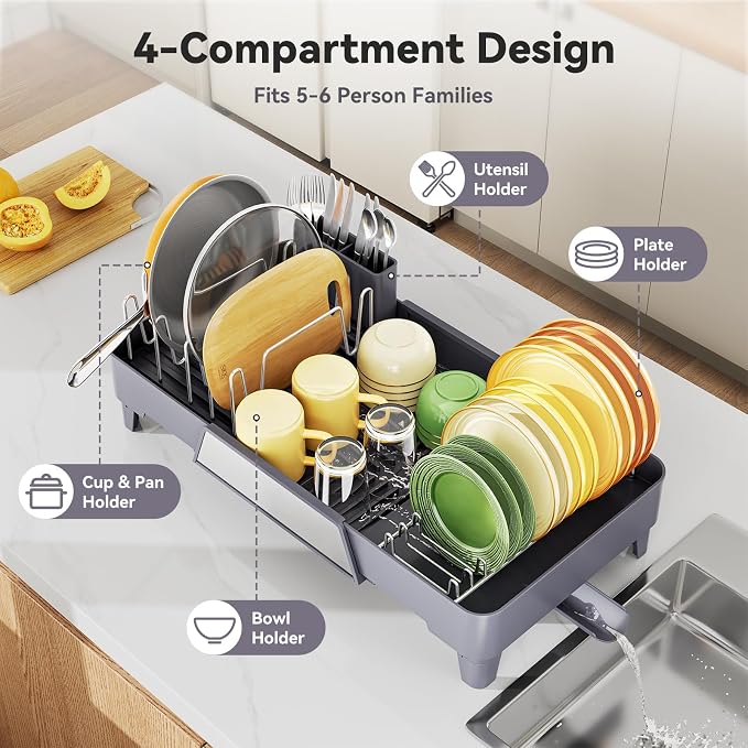 Urackify Large Dish Drying Rack - Expandable Dish Rack for Kitchen Counter, Multifunctional Dish Drainer with Drainboard & Utensil Holder, Anti-Rust, Fits Any Sink, Extendable 16.3" to 23.6" L, Gray