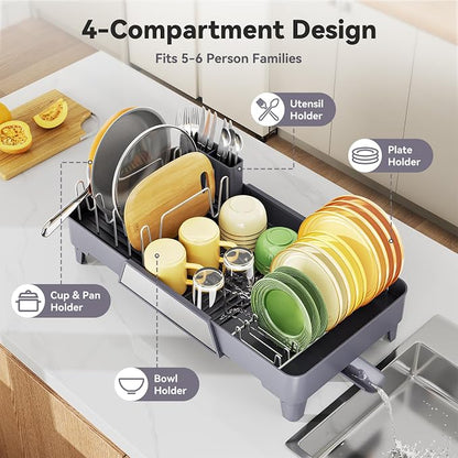 Urackify Large Dish Drying Rack - Expandable Dish Rack for Kitchen Counter, Multifunctional Dish Drainer with Drainboard & Utensil Holder, Anti-Rust, Fits Any Sink, Extendable 16.3" to 23.6" L, Gray