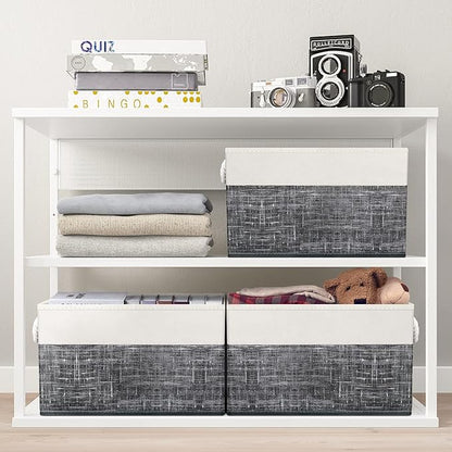 Fab totes Storage Bins [2-Pack], Foldable Storage Baskets for Organizing Toys, Books, Shelves, Closet, Large Storage Box with Rope Handles, Sturdy Organizer Bins, White & Black